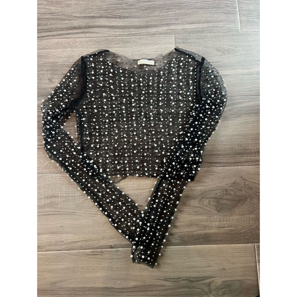 Boutique Women's Black Mesh Rhinestone Pearl Long Sleeve Crop Top S